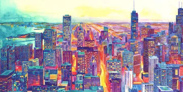 Colorful City Skyline 2, Wall Art, Water Color Art, Water Color Art A