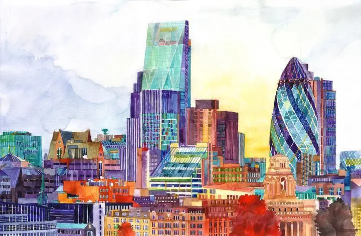 Colorful City Skyline Buildings, Wall Art, Water Color Art, Water Color Art A