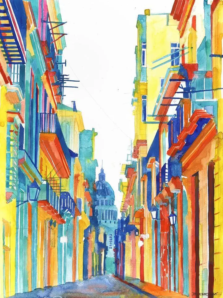 Colorful City Street 3, Wall Art, Water Color Art, Water Color Art A
