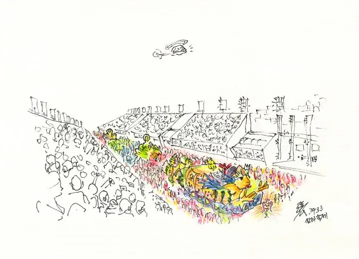 Colorful Crowd Drawing, Wall Art, Line Art