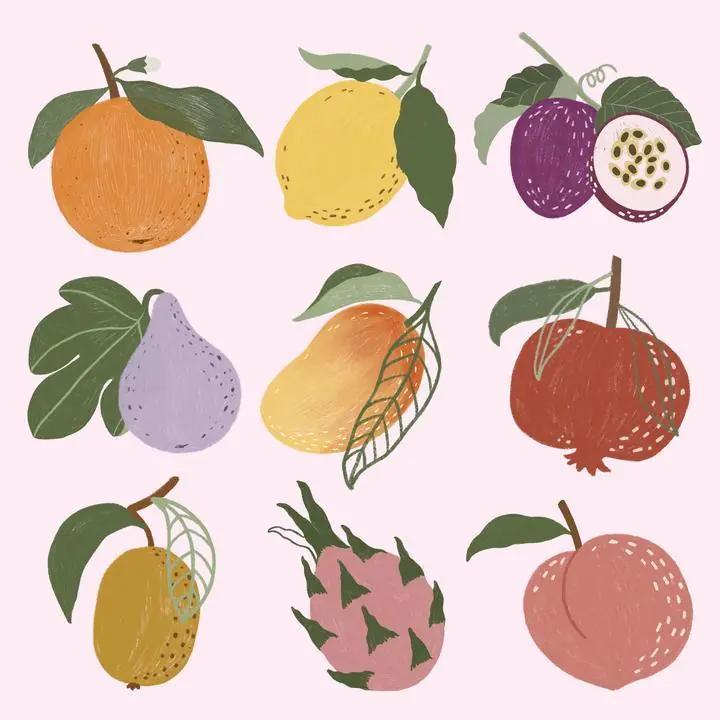 Colorful Fruit Illustrations, Aesthetic Art, Fruits