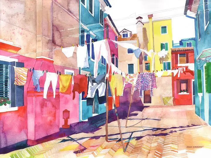 Colorful Laundry Street, Wall Art, Water Color Art, Water Color Art A