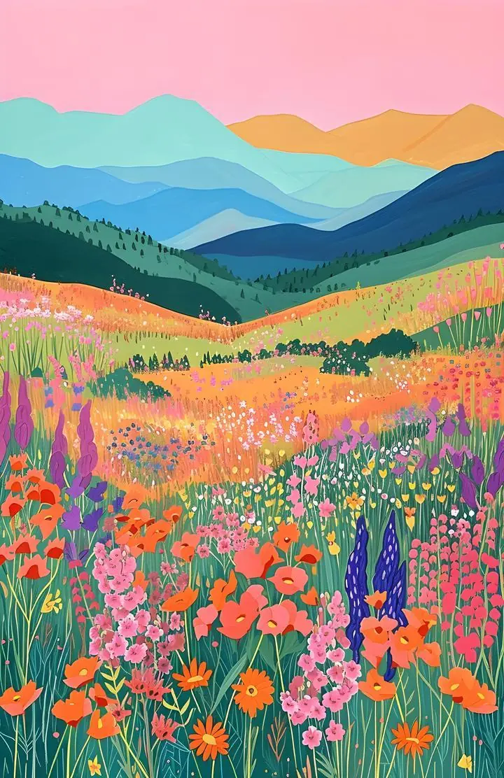 Colorful Mountain Meadow, Aesthetic Art, Pop Art