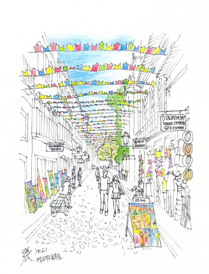 Colorful Street Illustration, Wall Art, Line Art