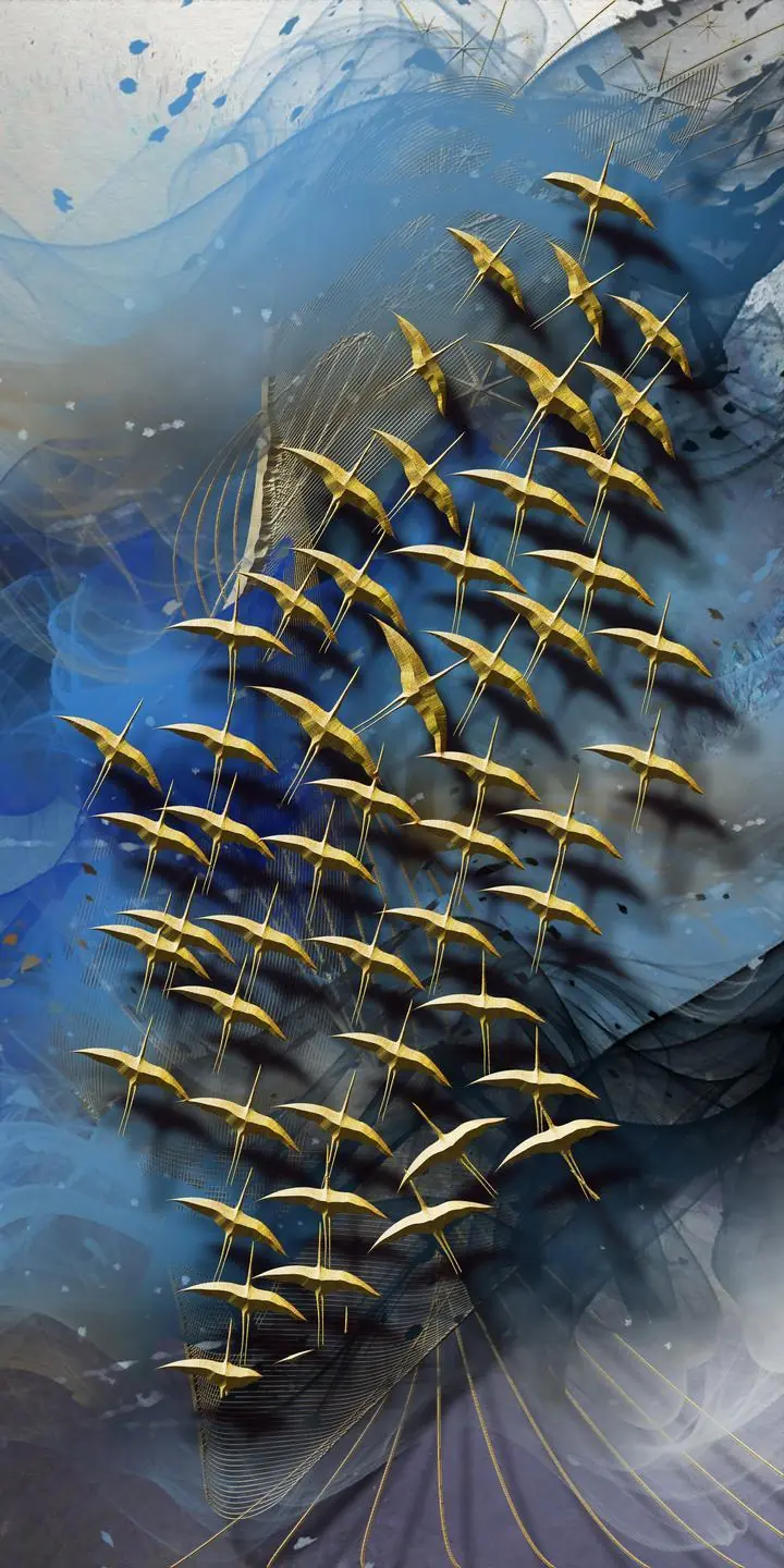 Gold Birds Flying Blue Background, Wall Art, Decor Wall Art, Decor Wall Art G