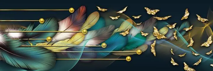 Gold Butterflies And Feathers, Wall Art, Old Gold, Gold Landscape