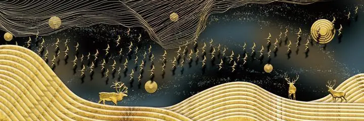 Gold Deer And Birds Landscape, Wall Art, Old Gold, Gold Landscape