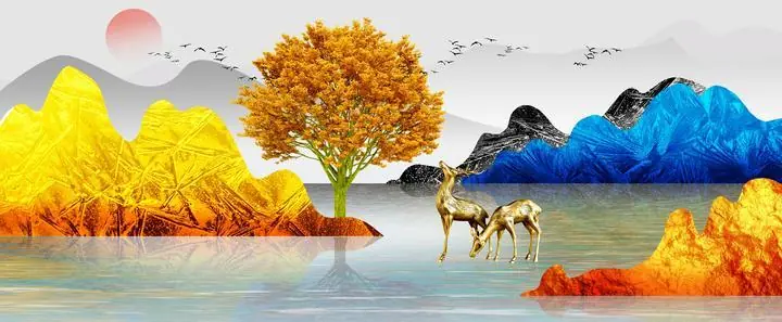 Golden Deer 3, Wall Art, Old Gold, Gold Landscape