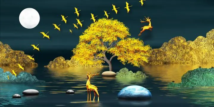 Golden Deer 4, Wall Art, Old Gold, Gold Landscape