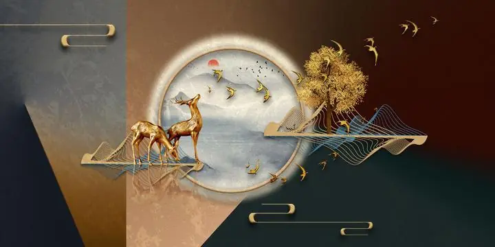Golden Deer And Birds Landscape 2, Wall Art, Old Gold, Gold Landscape