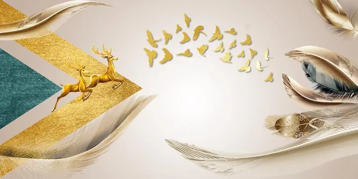 Golden Deer And Birds, Wall Art, Old Gold, Gold Landscape