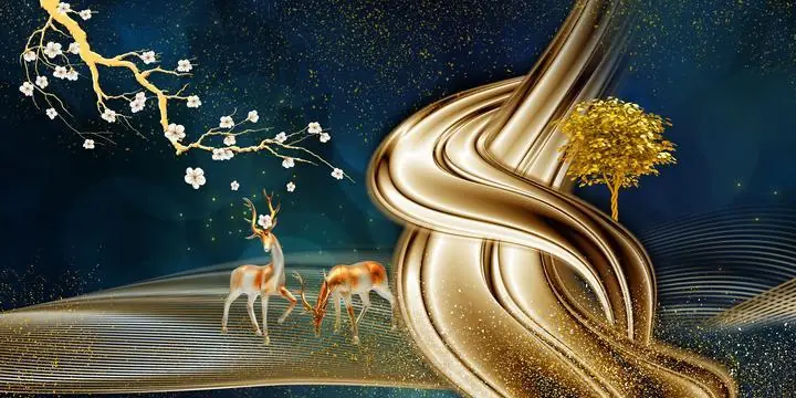Golden Deer And Tree Branches, Wall Art, Old Gold, Gold Landscape