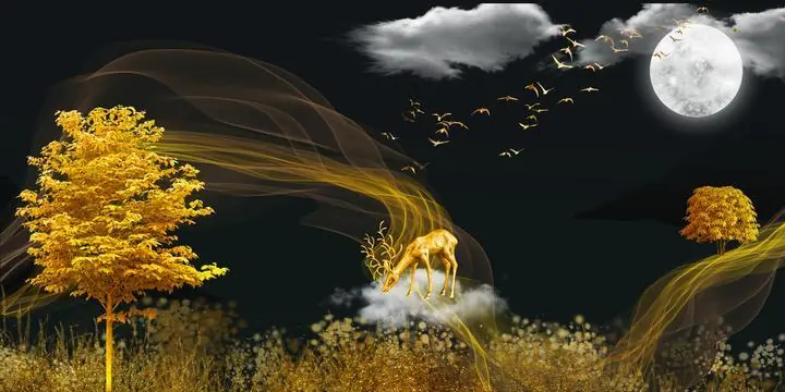 Golden Deer And Trees 2, Wall Art, Old Gold, Gold Landscape
