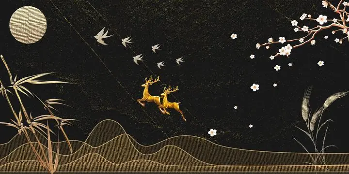 Golden Deer And White Flowers, Wall Art, Old Gold, Gold Landscape