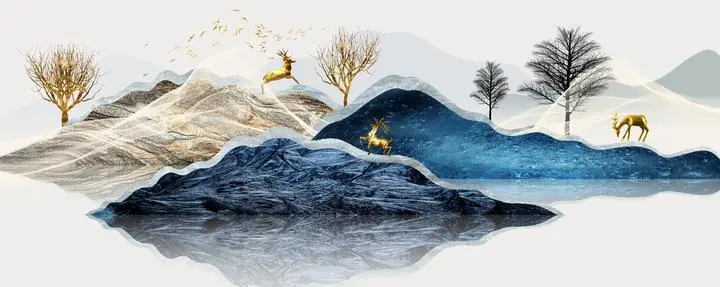 Golden Deer Bare Tree, Wall Art, Old Gold, Gold Landscape