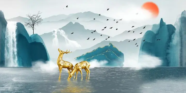 Golden Deer In Water, Wall Art, Old Gold, Gold Landscape
