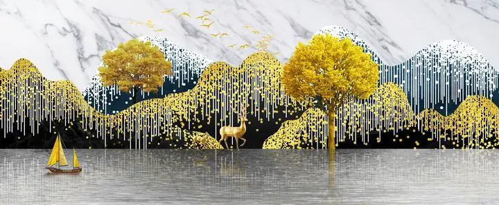 Golden Deer Lake, Wall Art, Old Gold, Gold Landscape