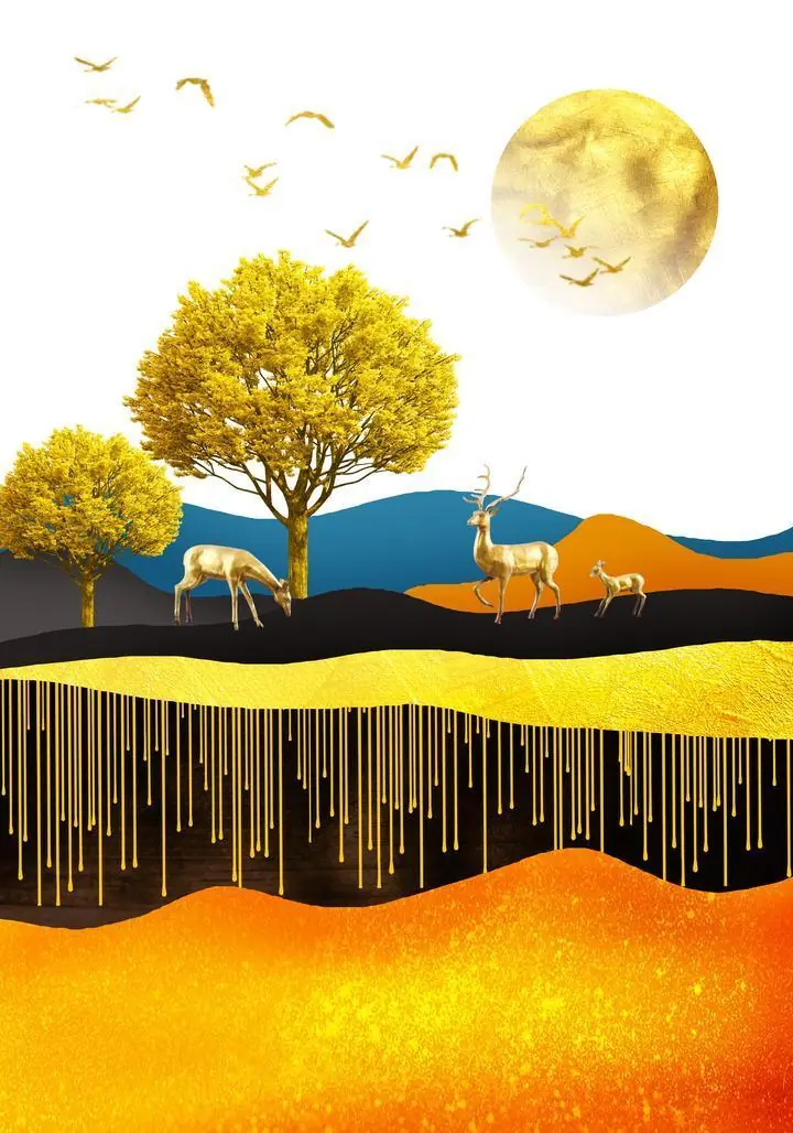Golden Deer Landscape 5, Wall Art, Old Gold, Gold A