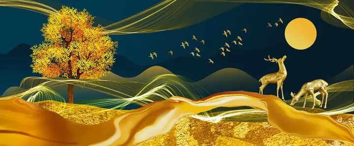 Golden Deer Landscape 7, Wall Art, Old Gold, Gold Landscape