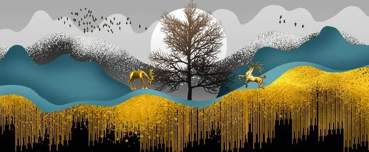 Golden Deer Landscape 8, Wall Art, Old Gold, Gold Landscape