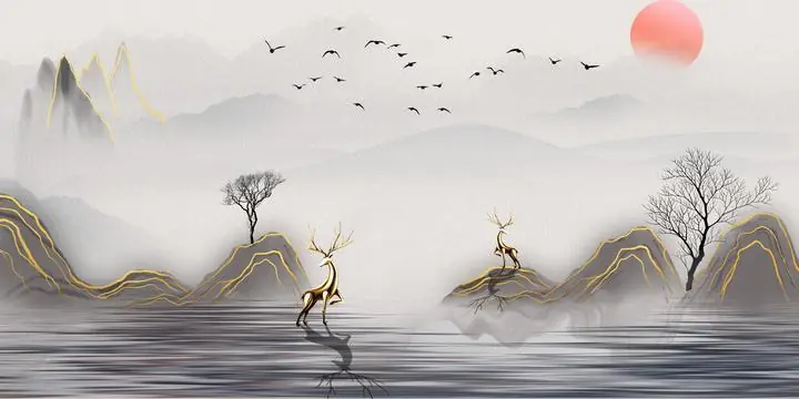 Golden Deer Mountain Landscape 19, Wall Art, Old Gold, Gold Landscape