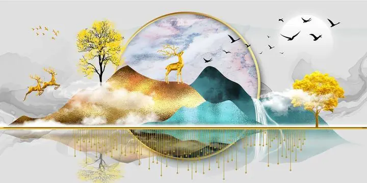 Golden Deer Mountain Landscape 2, Wall Art, Old Gold, Gold Landscape