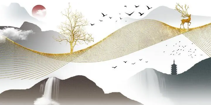 Golden Deer Mountain Landscape 20, Wall Art, Old Gold, Gold Landscape