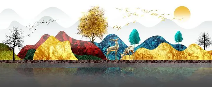Golden Deer Mountain Landscape 21, Wall Art, Old Gold, Gold Landscape