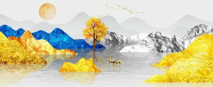 Golden Deer Mountain Landscape 27, Wall Art, Old Gold, Gold Landscape