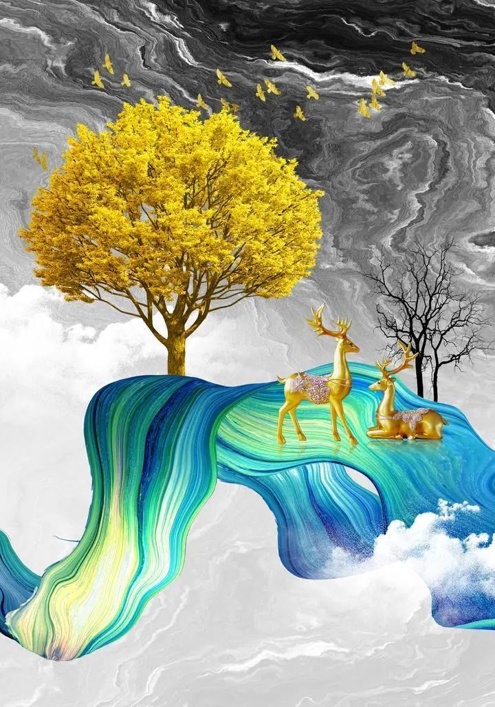 Golden Deer On Blue Wave, Wall Art, Old Gold, Gold A