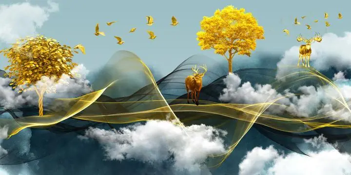 Golden Deer On Clouds, Wall Art, Old Gold, Gold Landscape