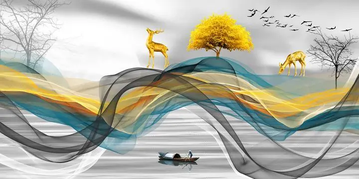 Golden Deer On Hill 2, Wall Art, Old Gold, Gold Landscape