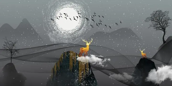 Golden Deer On Mountain Peak, Wall Art, Old Gold, Gold Landscape