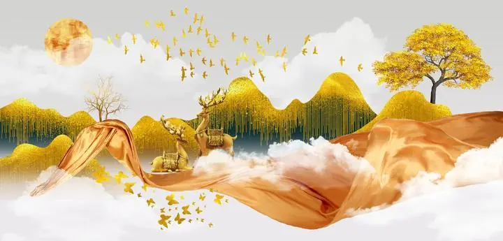 Golden Deer On Mountain, Wall Art, Old Gold, Gold Landscape