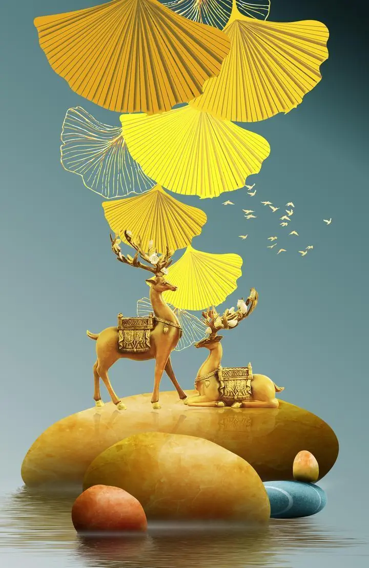 Golden Deer On Rock, Wall Art, Old Gold, Gold A