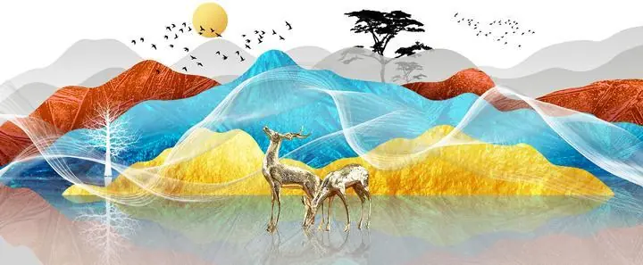 Golden Deer Silhouette Landscape Art, Wall Art, Old Gold, Gold Landscape