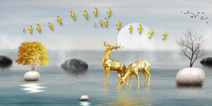 Golden Deer Statues, Wall Art, Old Gold, Gold Landscape