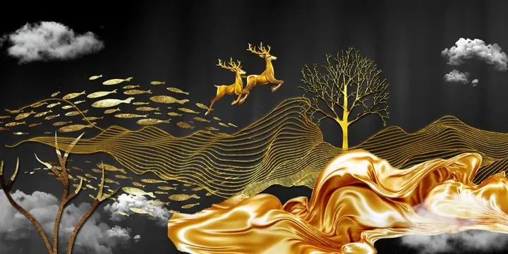 Golden Deer Tree Landscape 10, Wall Art, Old Gold, Gold Landscape