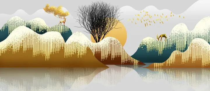 Golden Deer Tree Landscape 7, Wall Art, Old Gold, Gold Landscape