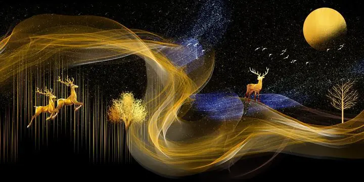 Golden Deer Tree, Wall Art, Old Gold, Gold Landscape