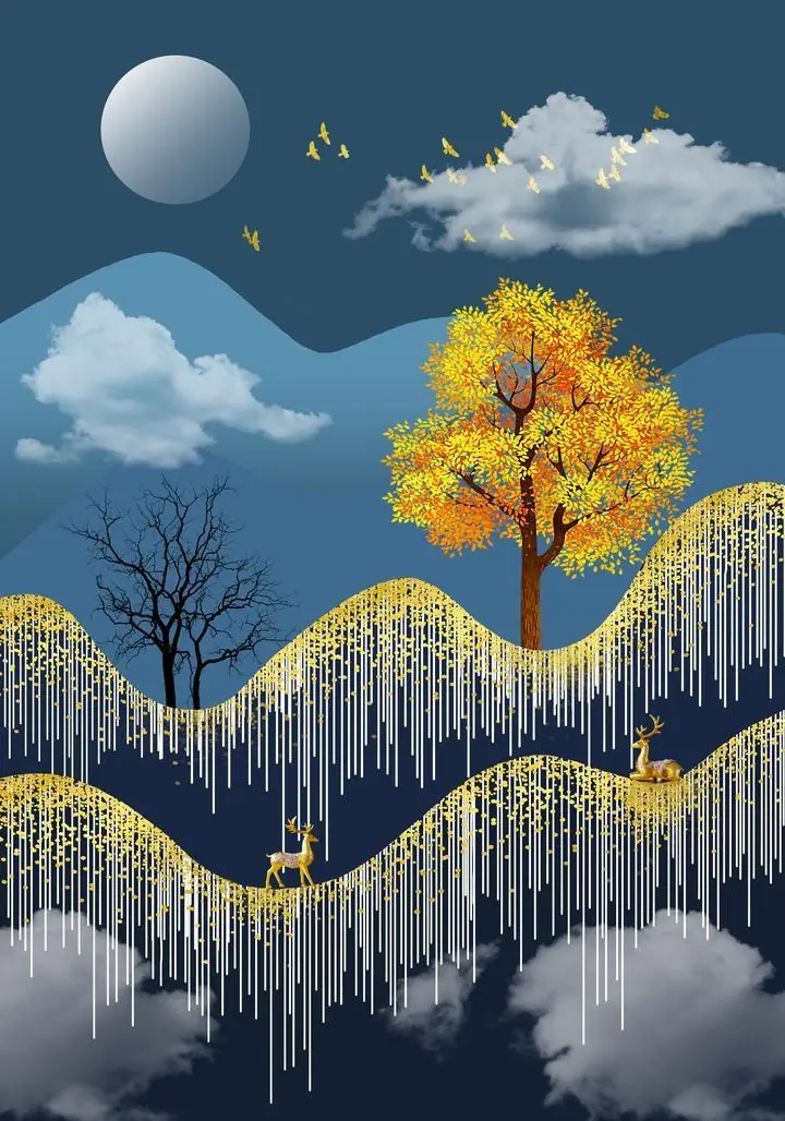 Golden Deer Under Tree 2, Wall Art, Old Gold, Gold A