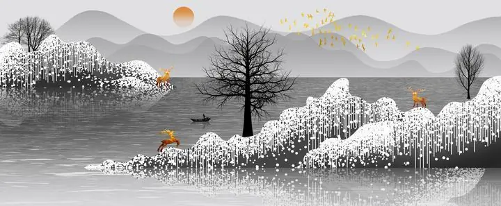Golden Deer White Landscape, Wall Art, Old Gold, Gold A