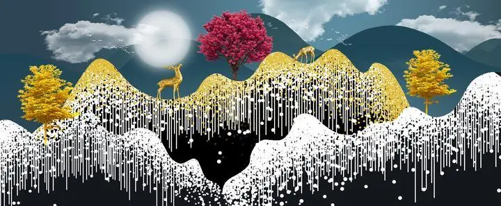 Golden Deer White Mountains, Wall Art, Old Gold, Gold Landscape