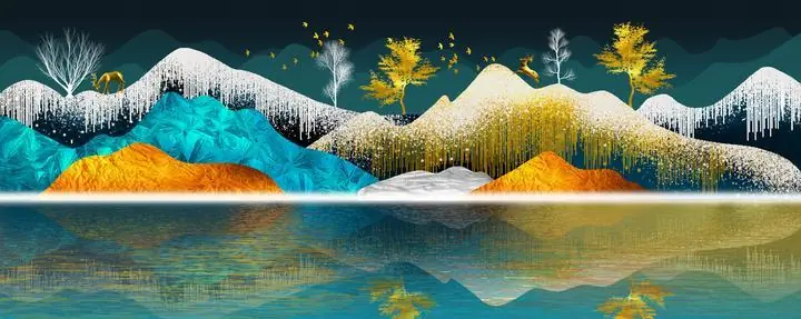 Golden Deer White Tree, Wall Art, Old Gold, Gold Landscape