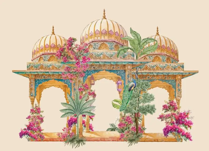 Golden Indian Temple Structure, Indian Art, Pichwai, Pichwai Landscape