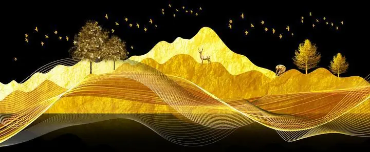 Golden Mountain Landscape With Deer, Wall Art, Old Gold, Gold Landscape