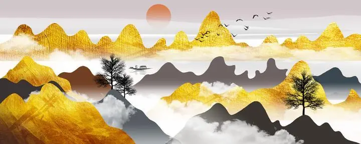 Golden Mountains And Clouds Landscape 2, Wall Art, Old Gold, Gold Landscape