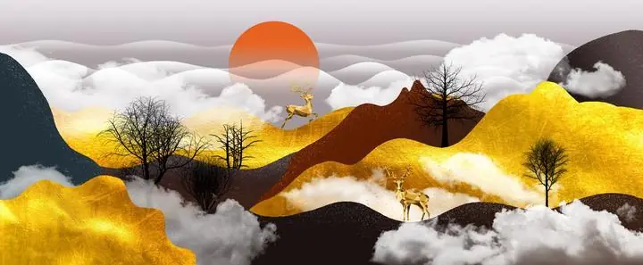 Golden Mountains And Clouds Landscape, Wall Art, Old Gold, Gold Landscape