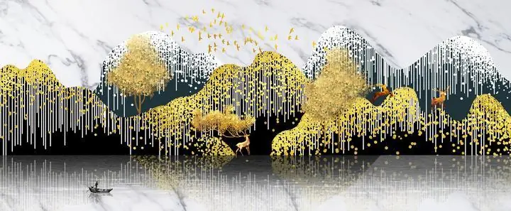 Golden Mountains And Deer 2, Wall Art, Old Gold, Gold Landscape