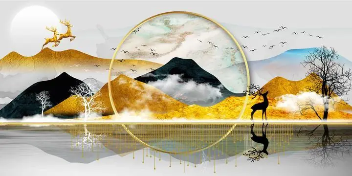Golden Mountains And Deer, Wall Art, Old Gold, Gold Landscape